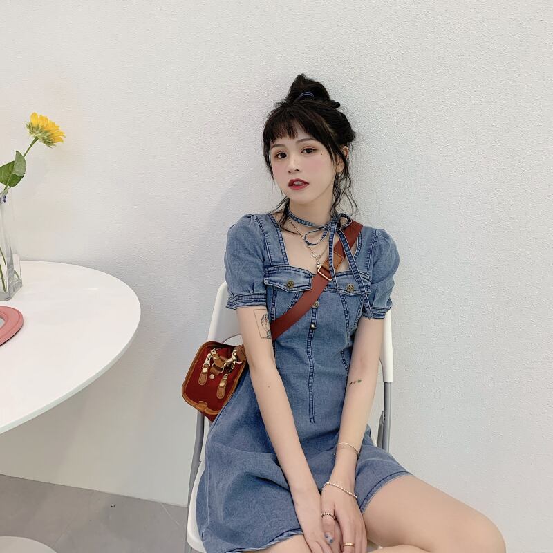 【dress】美人度アップ韓国系キャンパススクエアネックパフスリーブ気質デニムスカート