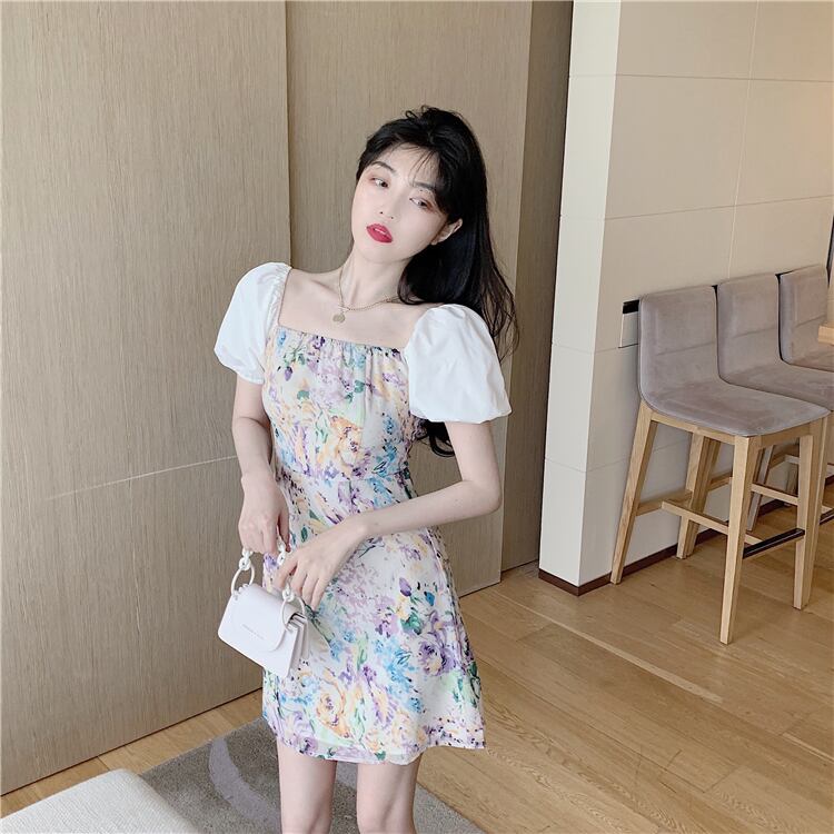 【dress】美人度アップ韓国系森ガール気質ボートネックパフスリーブ花柄スカート