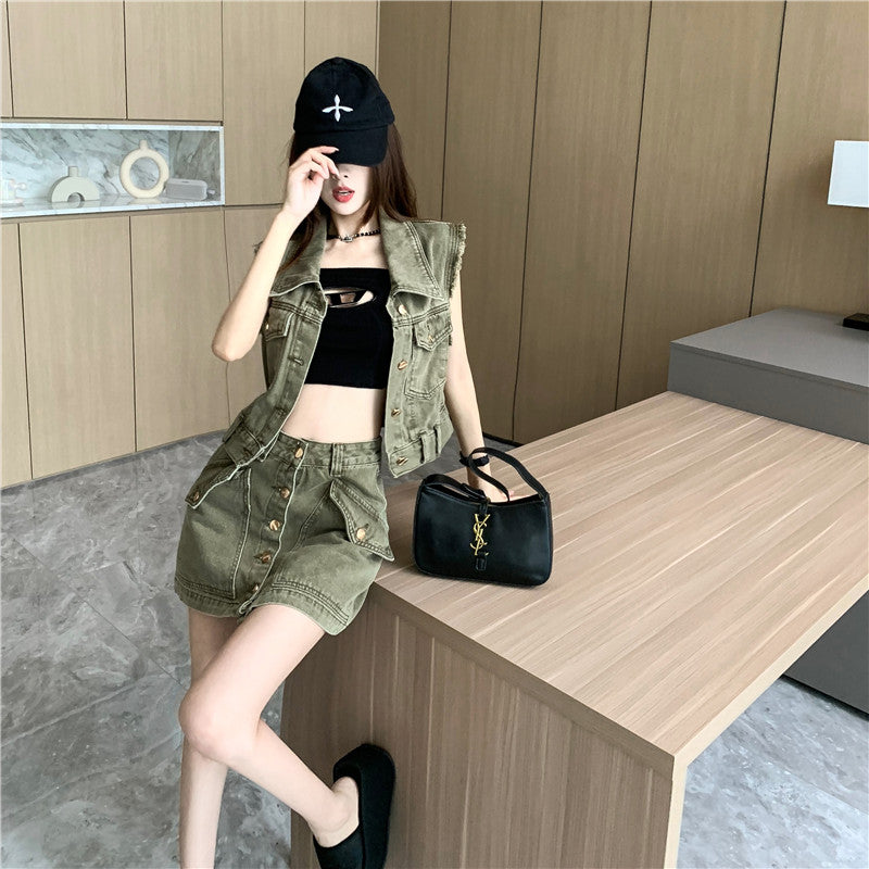 【Set】ベスト×スカートデニムセット W11938