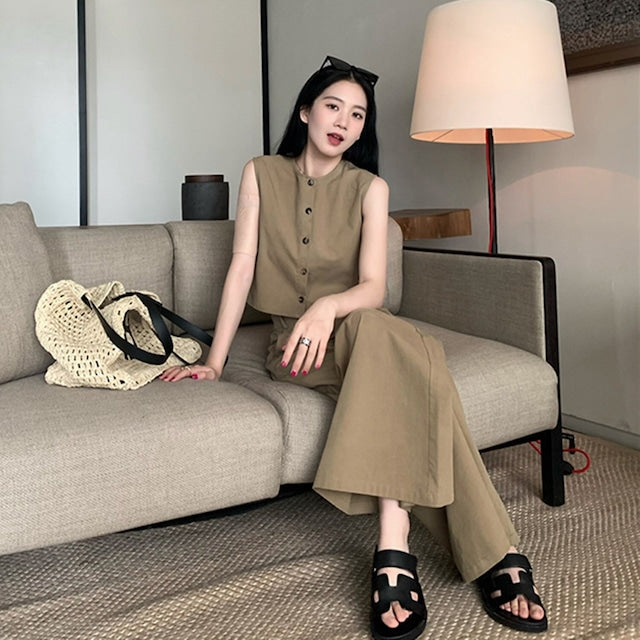 【Set】予約通販~2WAYノースリーブトップス×ワイドパンツセット W11809