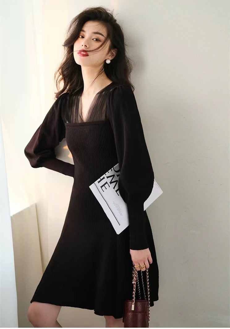 【Dress】チュール切替ニットワンピース W9680