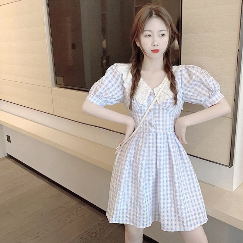 【dress】美人度アップスウィートドールカラーセーターパフスリーブ森ガールチェック柄スカート