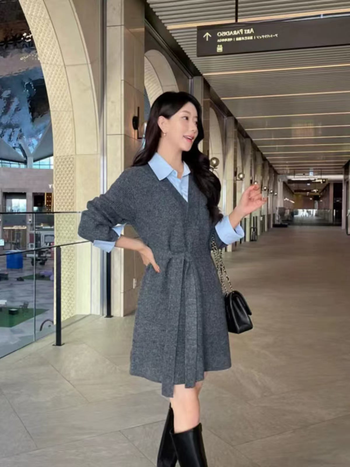 【Dress】フェイクレイヤードニットワンピース W14432
