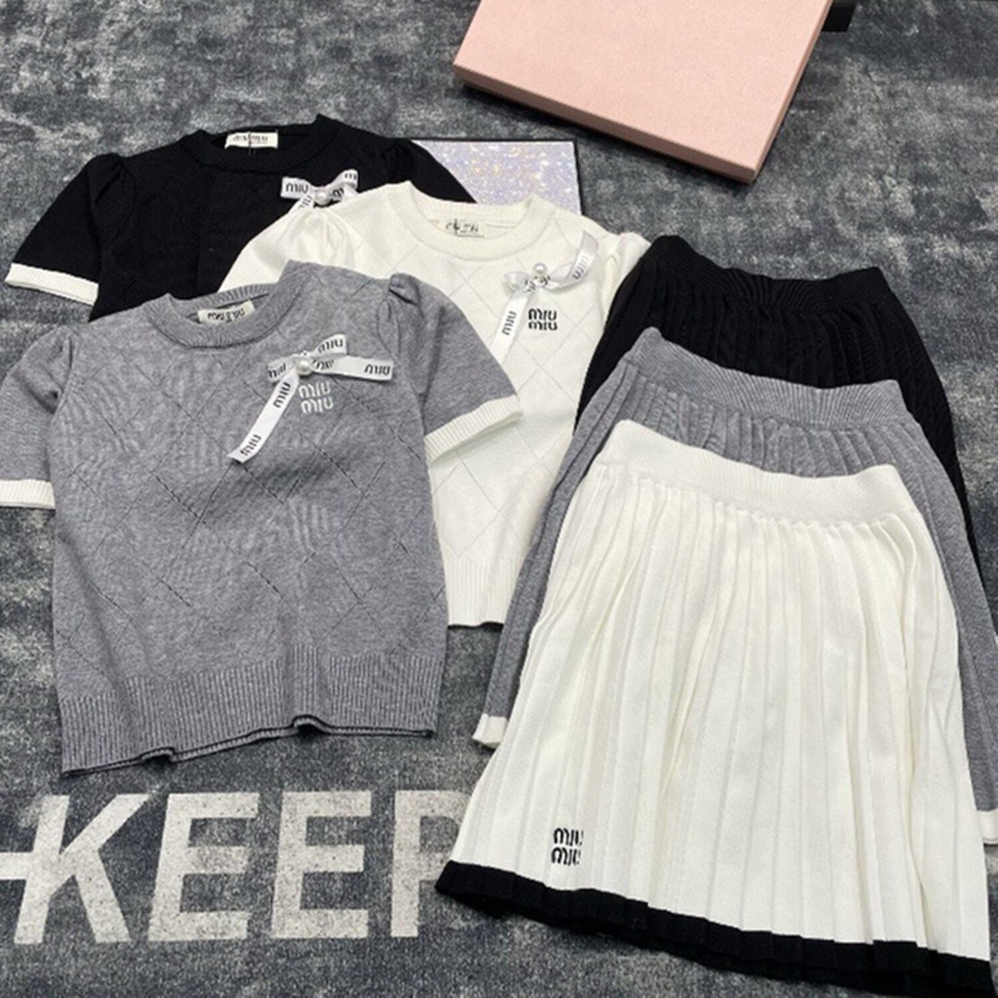 【set】半袖ニットトップス×プリーツスカートセット N2463