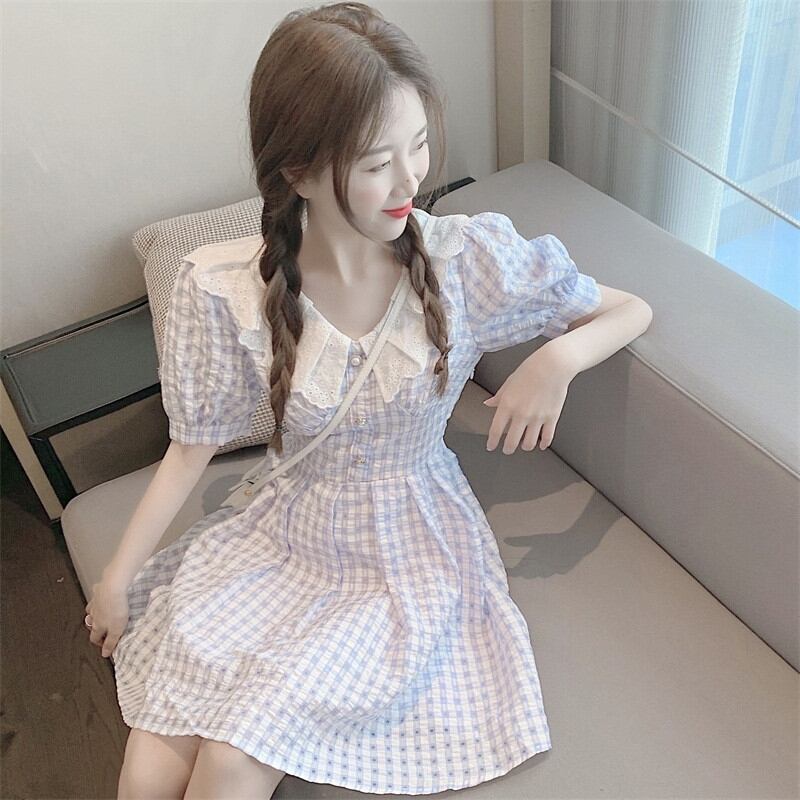 【dress】美人度アップスウィートドールカラーセーターパフスリーブ森ガールチェック柄スカート