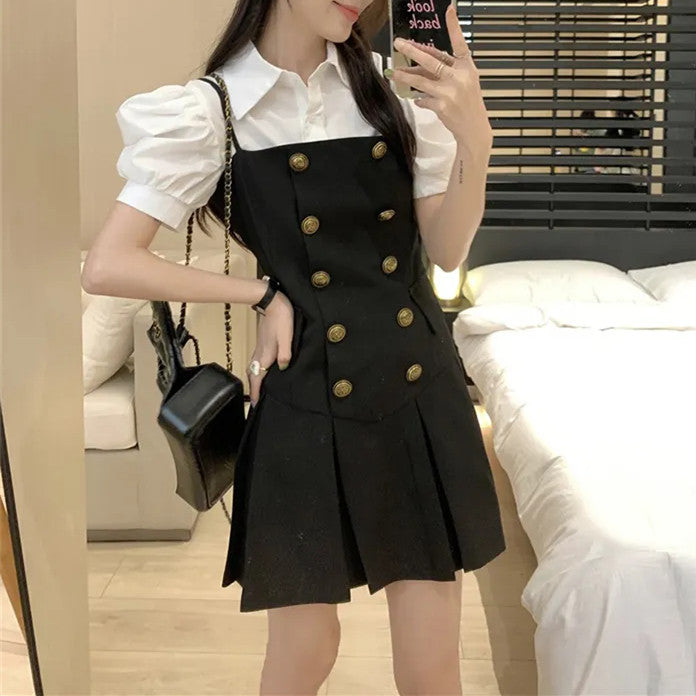 【Set】低身長方レイヤード2点セット シャツ +キャミソールワンピース W7590