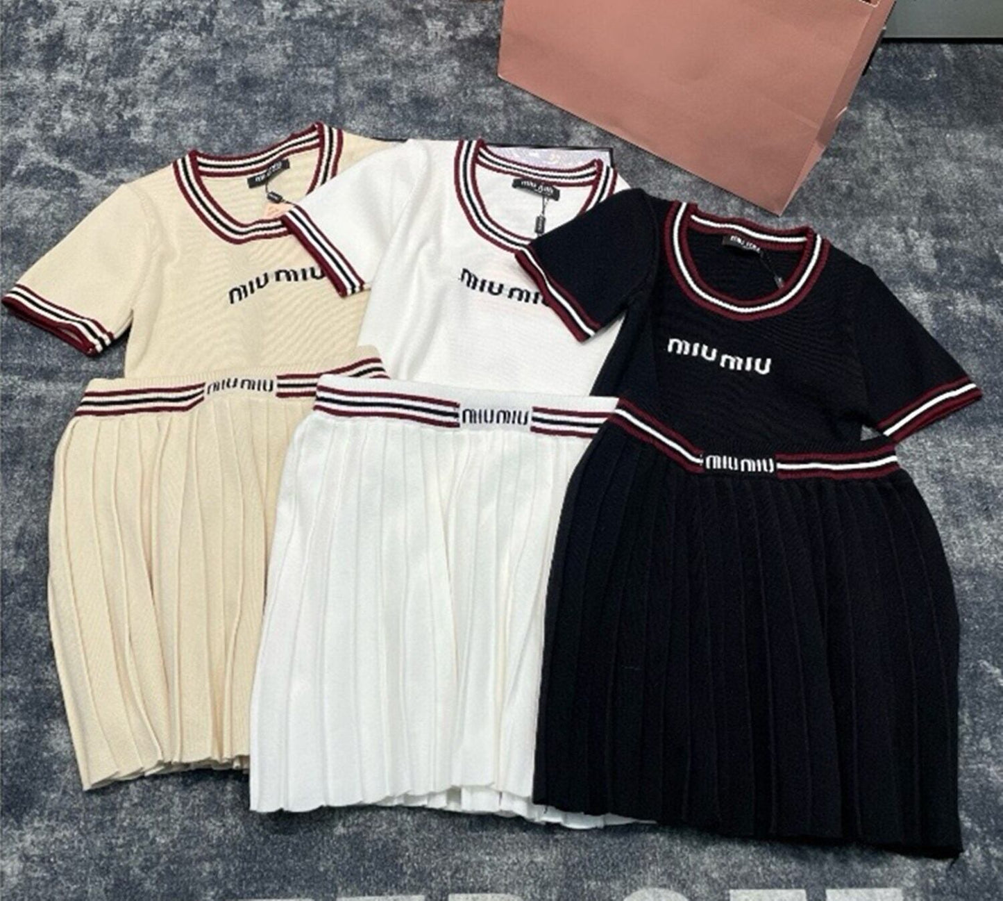 【set】半袖ニットトップス×プリーツスカートセット N2462