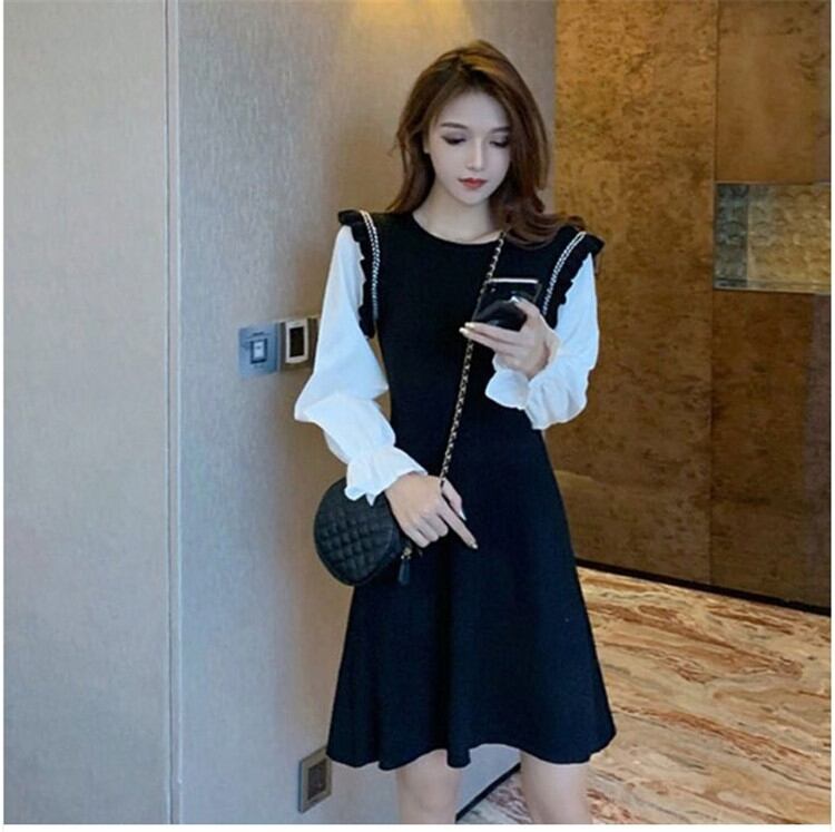 【dress】美人度アップ韓国系レトロ気質切り替えファッションAライン