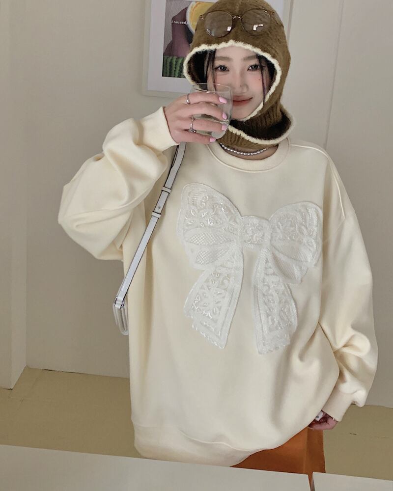 【tops】リボン柄スウェット T0126