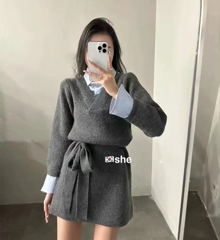 【Dress】フェイクレイヤードニットワンピース W14432