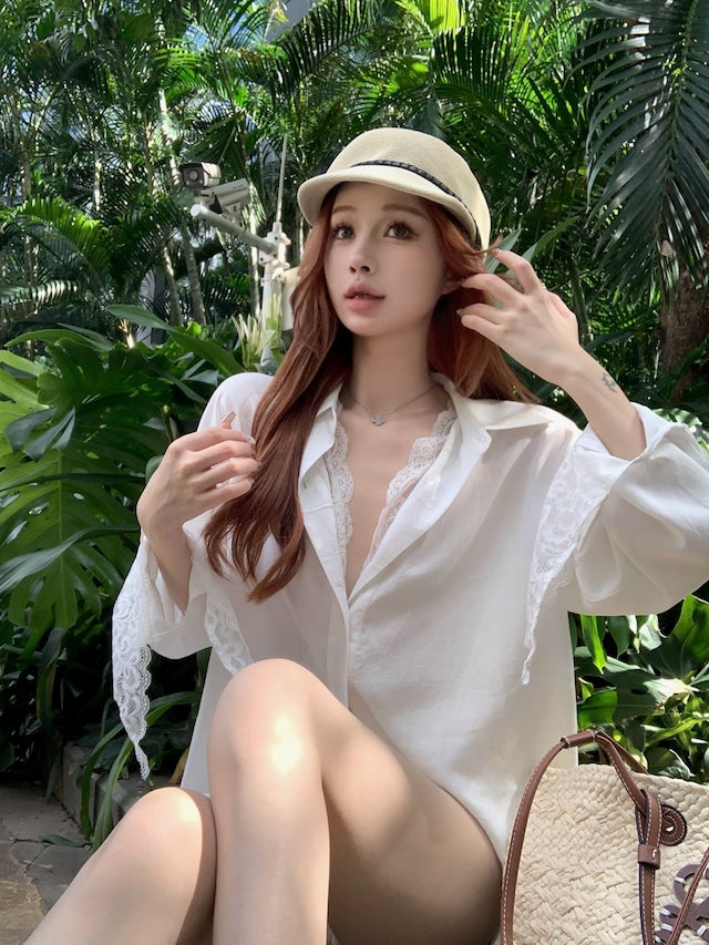 【Tops】UVカットレース切り替えシャツ W12762