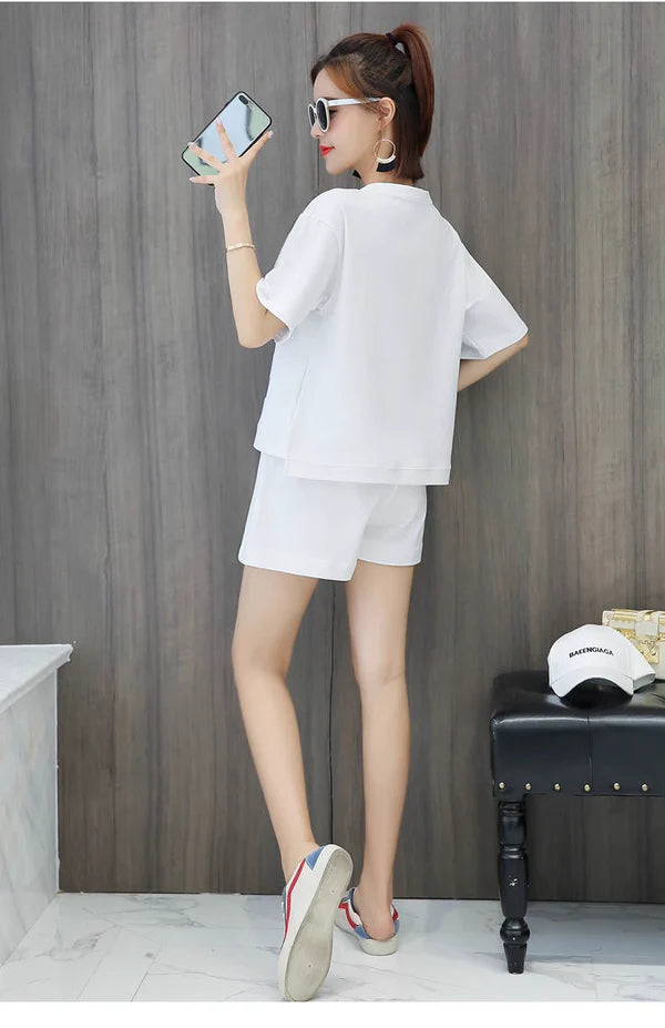 【Set】5色英字柄Tシャツ+ショートパンツ2点セット W12695