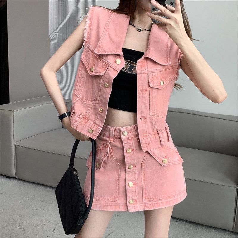 【Set】ベスト×スカートデニムセット W11938