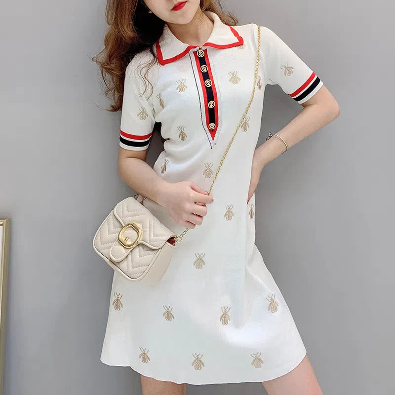 【Dress】新入荷!レディース気質Aライン半袖プリントニットワンピース W-6550