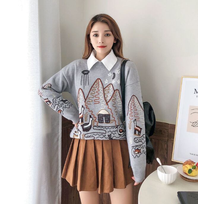 【tops】大人可愛い刺繍丸首セーター切り替えゆったり2色