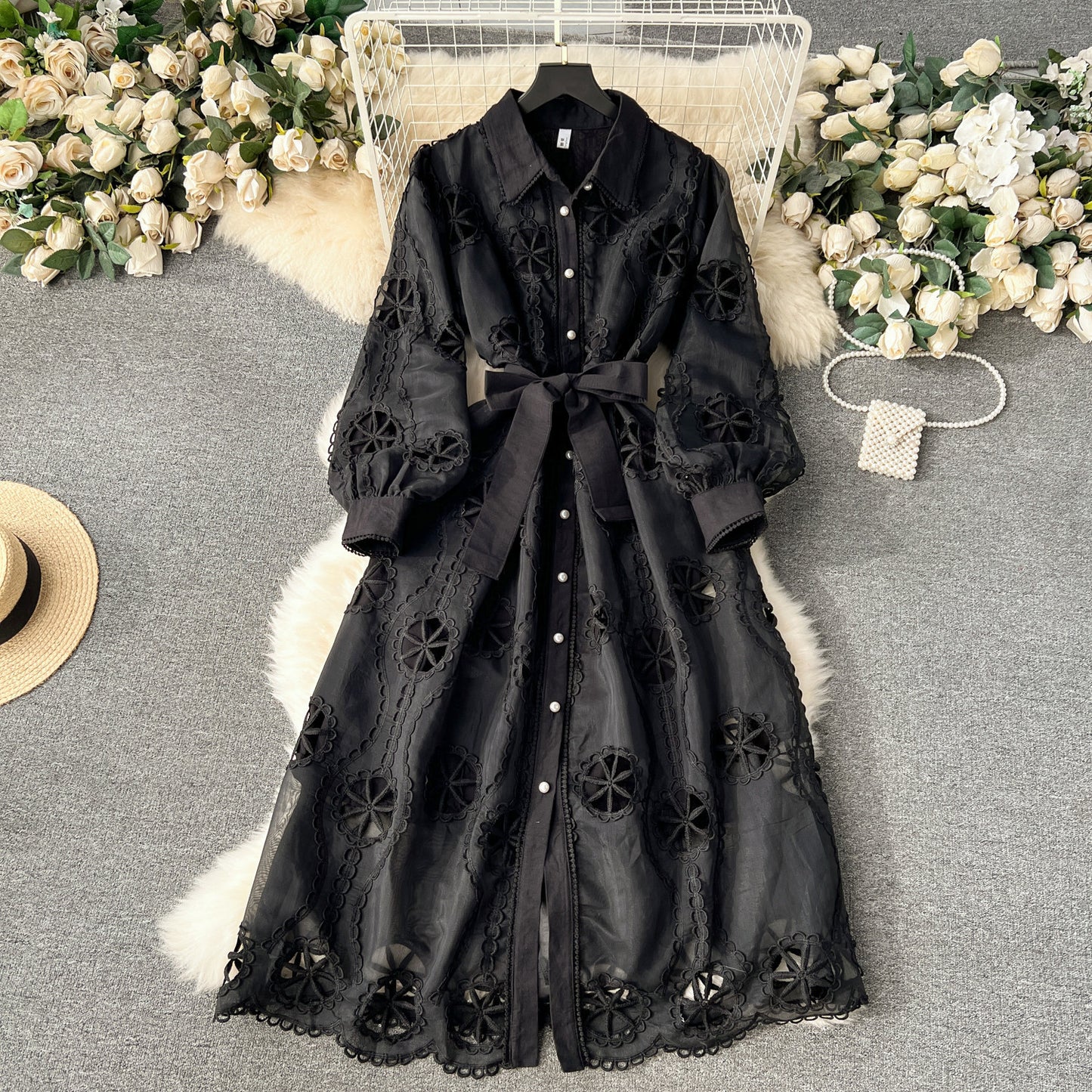 【Dress】透かし彫りシャツワンピース W14439