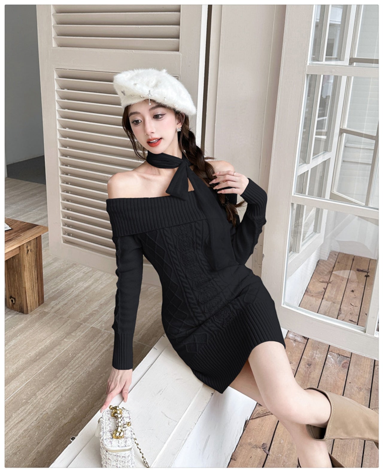 【Dress】リボンオフショルニットワンピース W14595