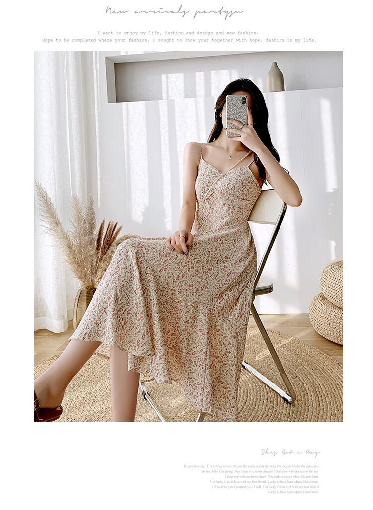 【dress】美人度アップ韓国系スウィートVネックシフォン花柄Aライン