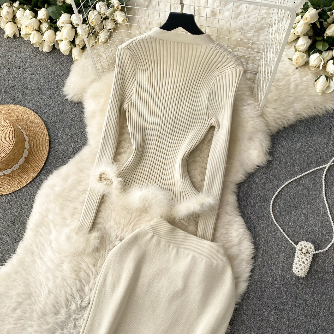 【Set】ファーニットカーデ×スカートセット W13780