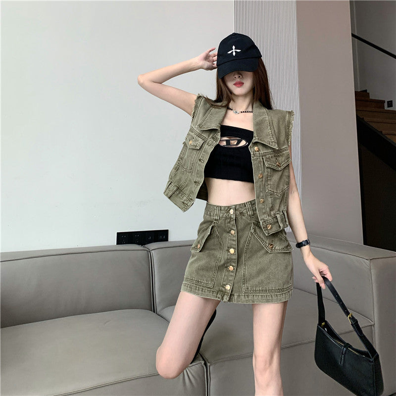 【Set】ベスト×スカートデニムセット W11938