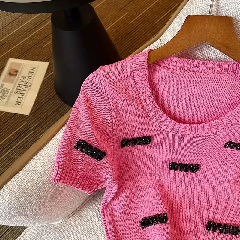 【Tops】3色展開ニットTシャツ W11882