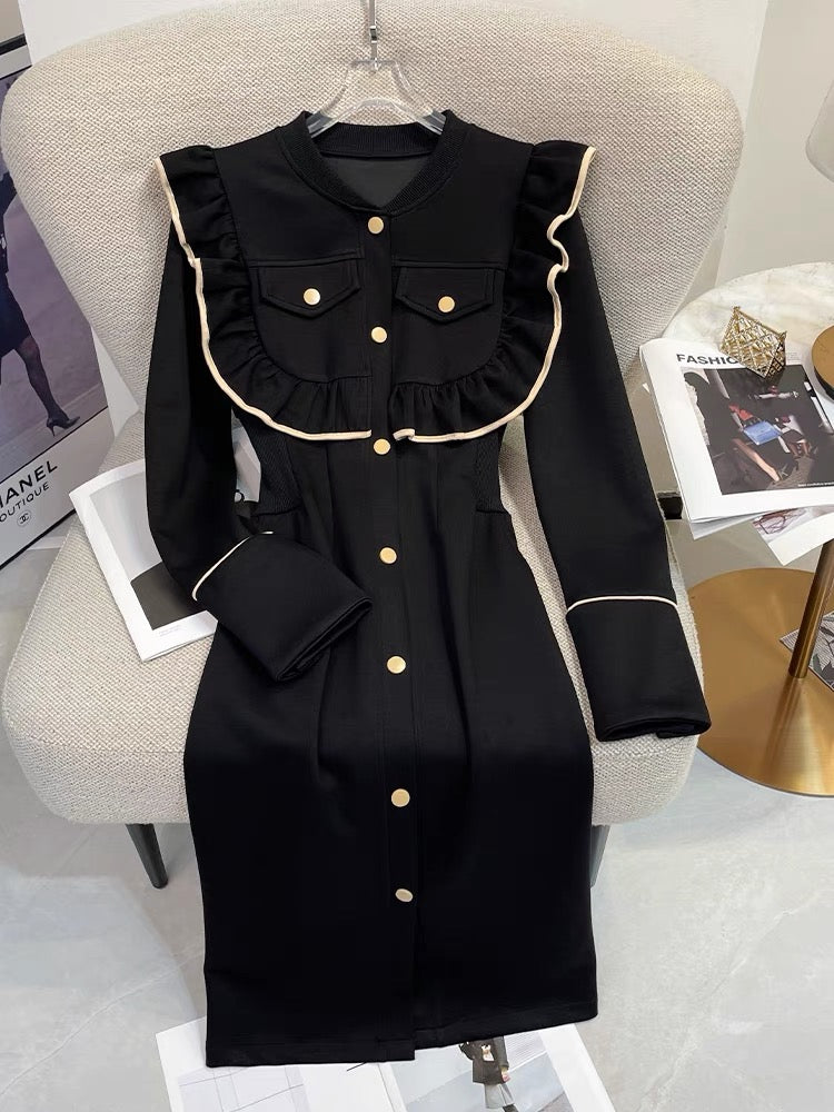 【Dress】フリル配色ロング丈ニットワンピース W7984