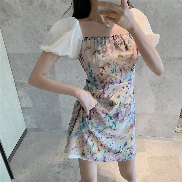 【dress】美人度アップ韓国系森ガール気質ボートネックパフスリーブ花柄スカート