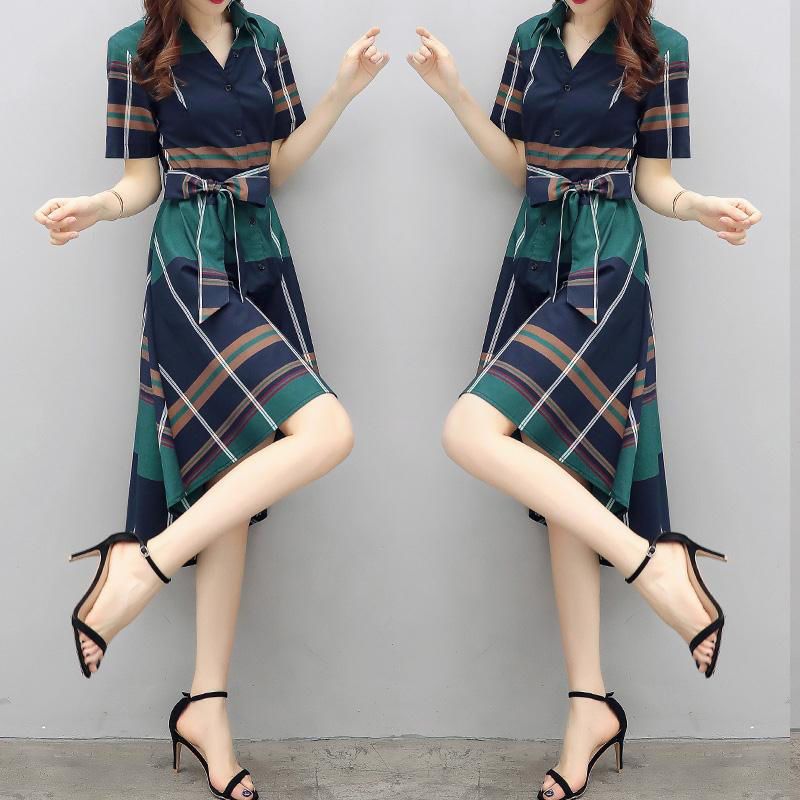 【Dress】大人らしい~夏季チェック柄半袖きれいめ不規則シャツワンピース W-6003