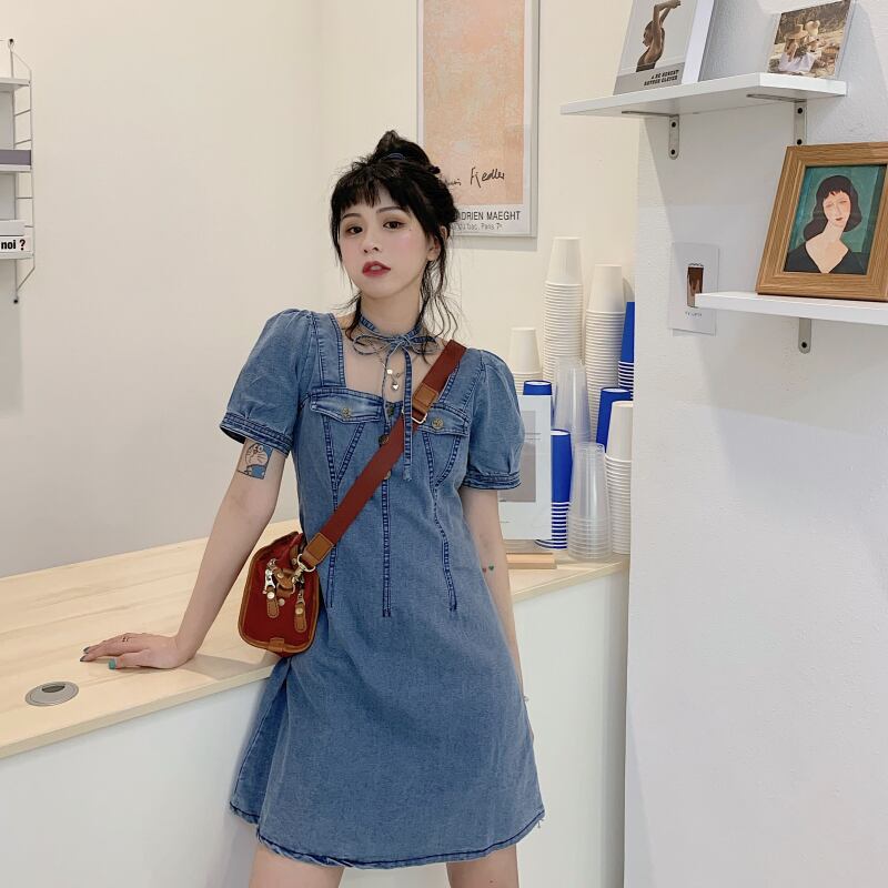 【dress】美人度アップ韓国系キャンパススクエアネックパフスリーブ気質デニムスカート