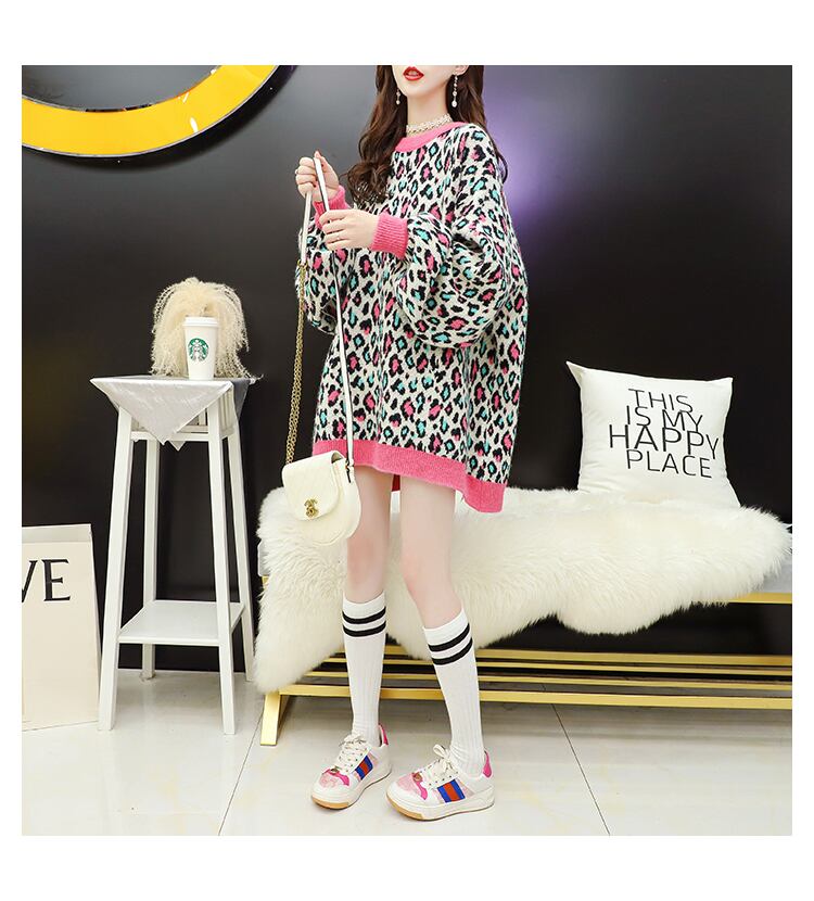 【tops】大活躍ラウンドネックヒョウ柄デザイン2色セーター