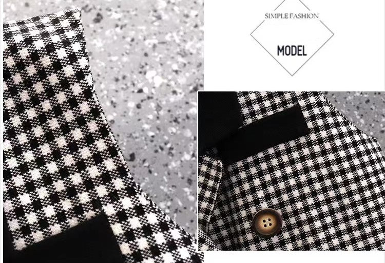 【Set】美人度アップ~フェミニン気質2点セット チェック柄ベスト +長袖ニットワンピース W-3057