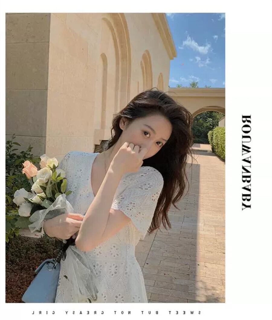 【dress】美人度アップ韓国系森ガール気質Vネック透かし彫りレーススカート