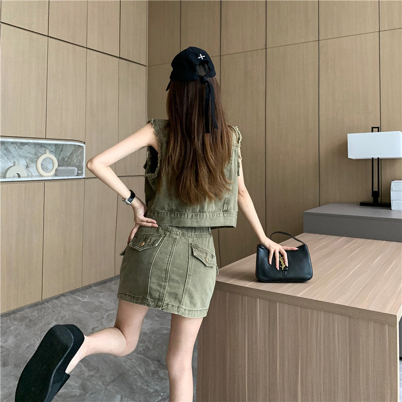 【Set】ベスト×スカートデニムセット W11938