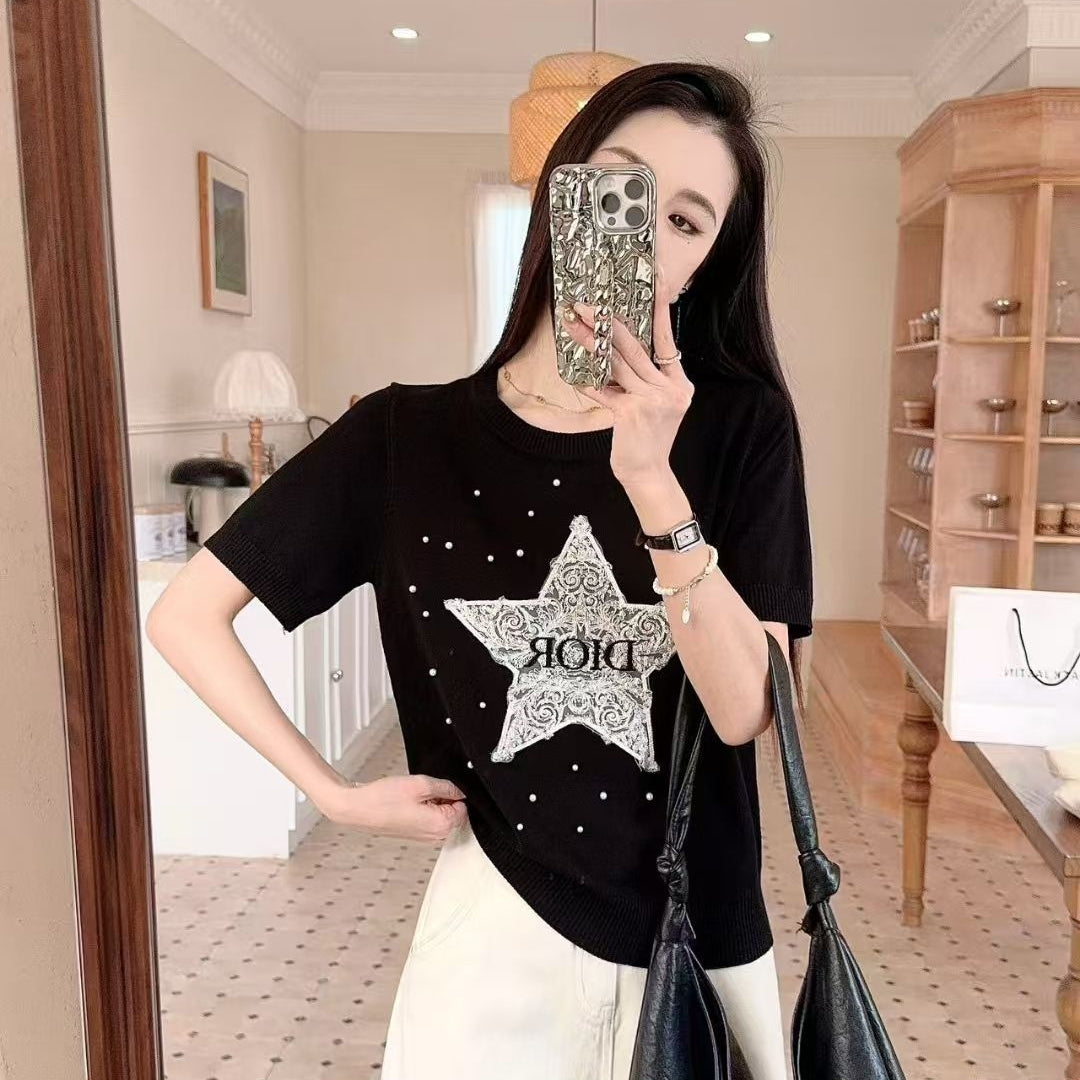 【Tops】 ビーズクルーネックTシャツ T01466