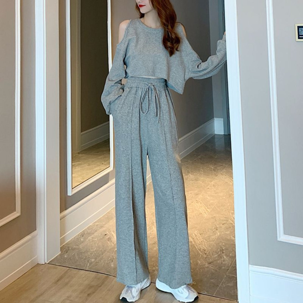 【Set】長袖Tシャツ+ワイドレッグパンツのセットアップ W13987