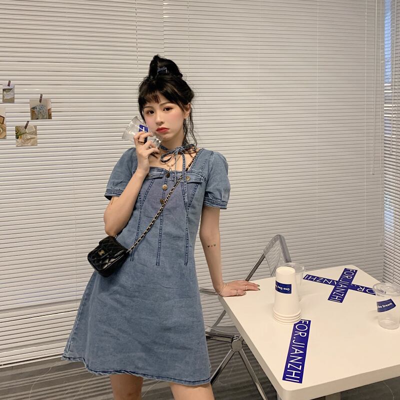 【dress】美人度アップ韓国系キャンパススクエアネックパフスリーブ気質デニムスカート