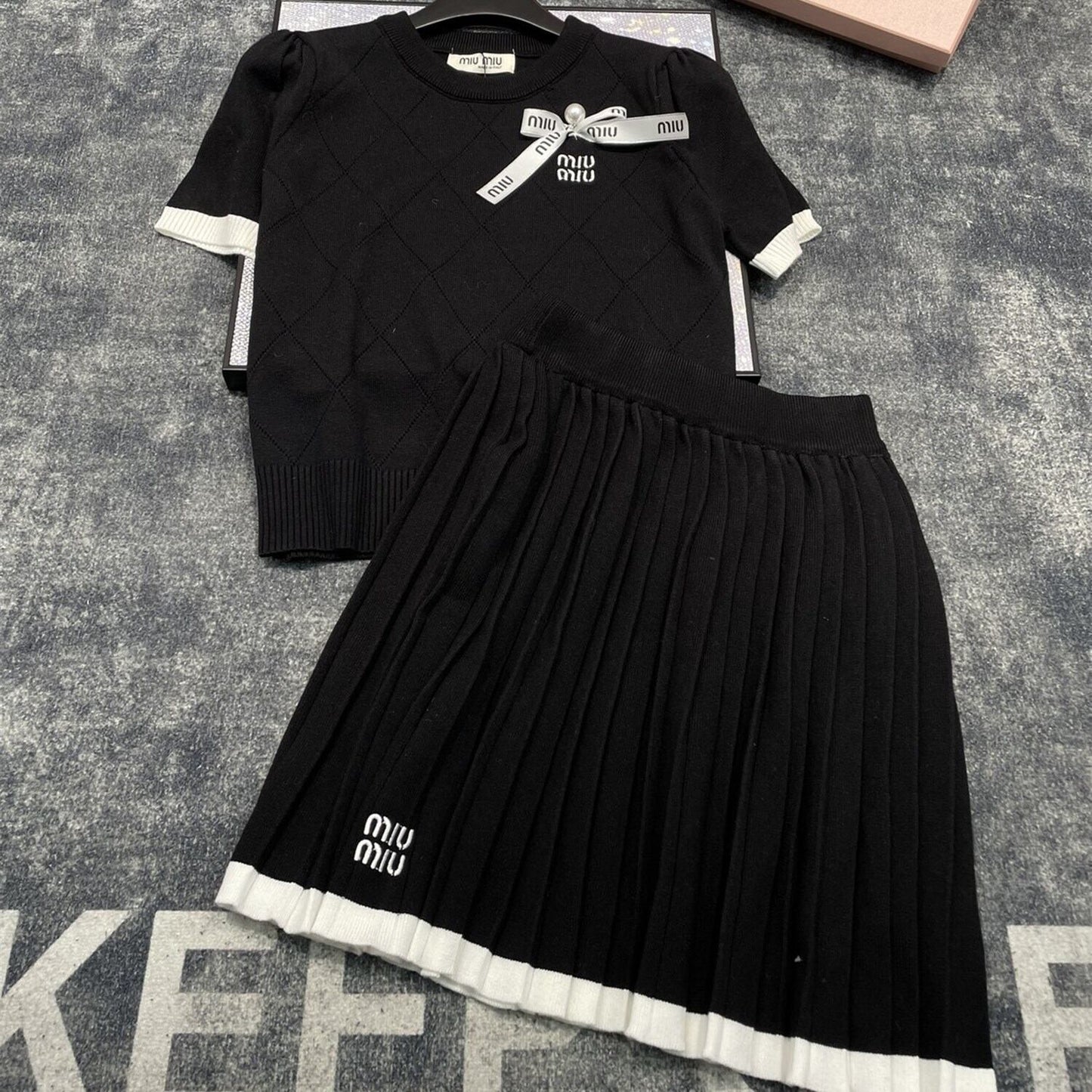 【set】半袖ニットトップス×プリーツスカートセット N2463