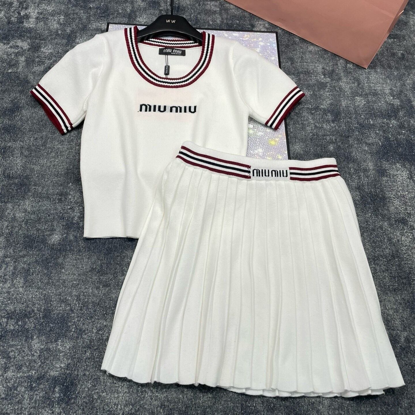 【set】半袖ニットトップス×プリーツスカートセット N2462