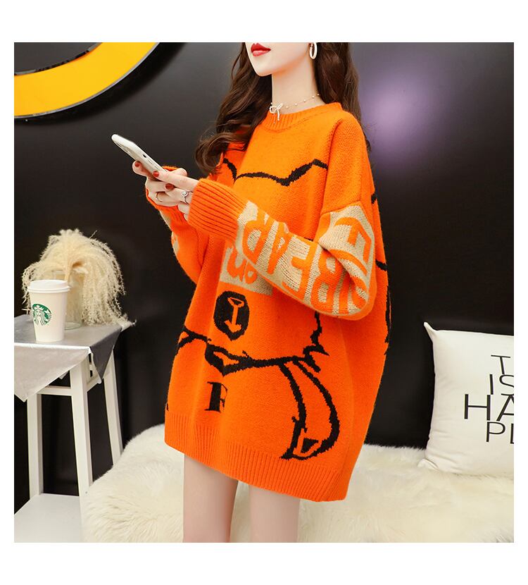 【tops】おすすめカートゥーンカラーマッチングニットセーター2色