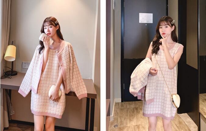 【set】エレガントワンピースニットカーディガン二点セット