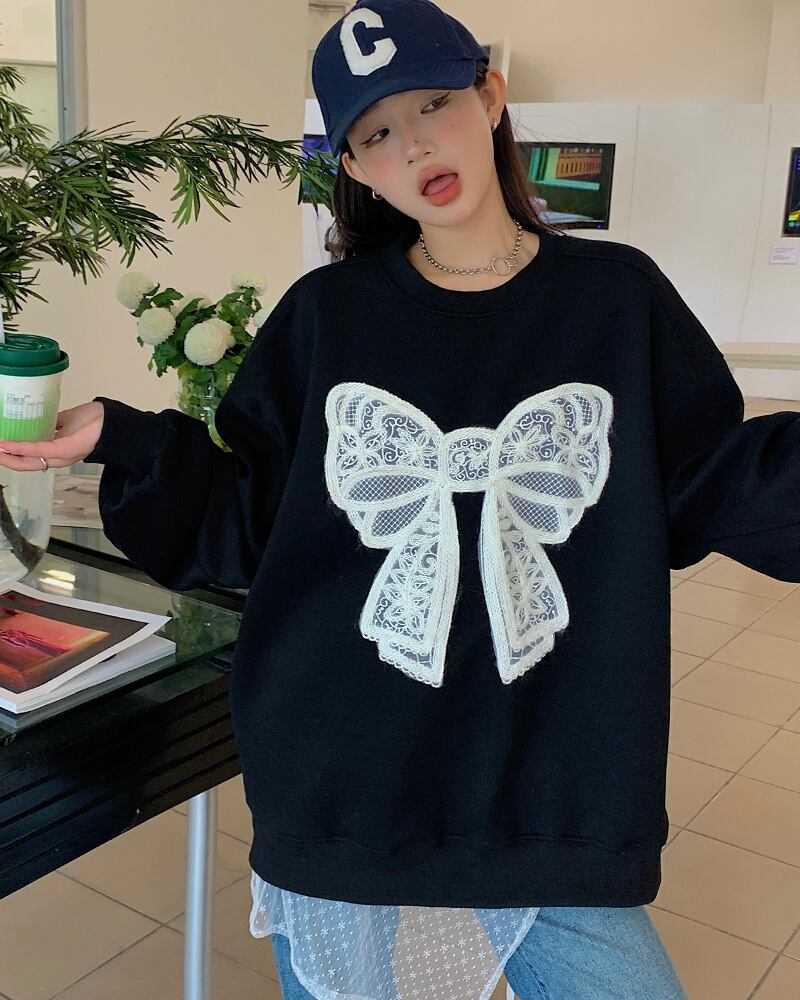 【tops】リボン柄スウェット T0126