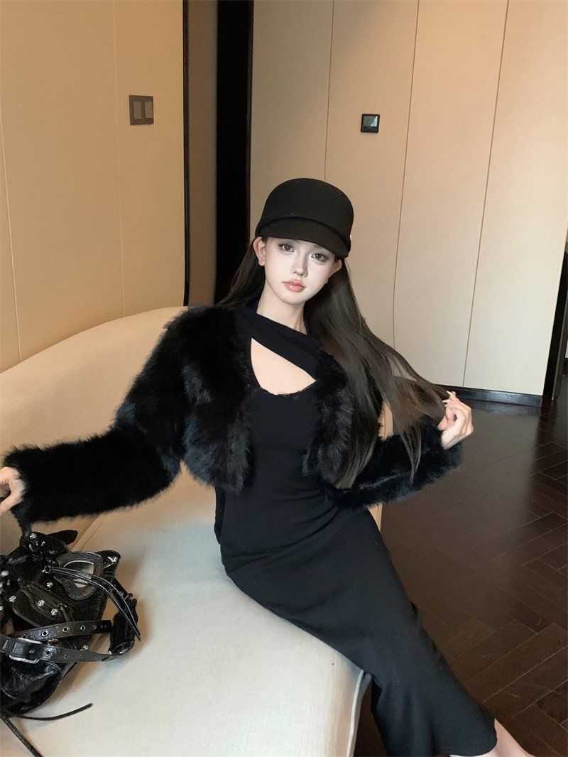 【Set】ファージャケット+ワンピース セット Z7923