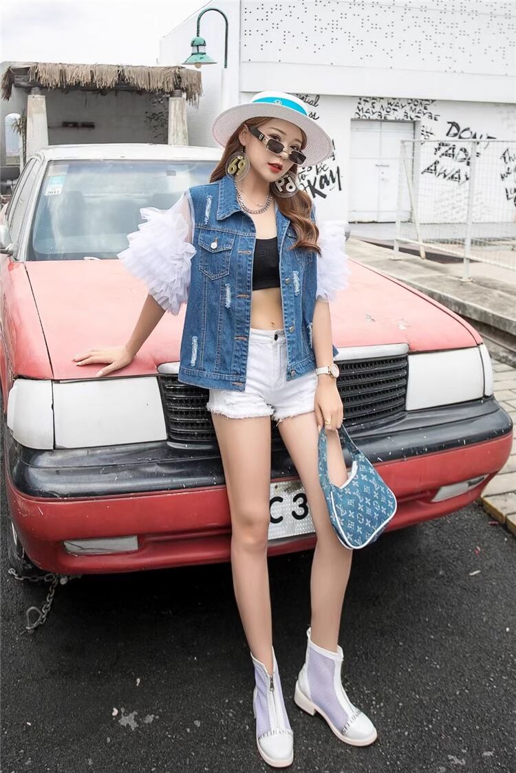 【tops】メッシュスリーブデニムベストF6941