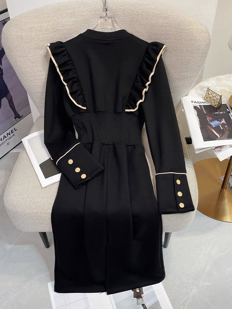 【Dress】フリル配色ロング丈ニットワンピース W7984