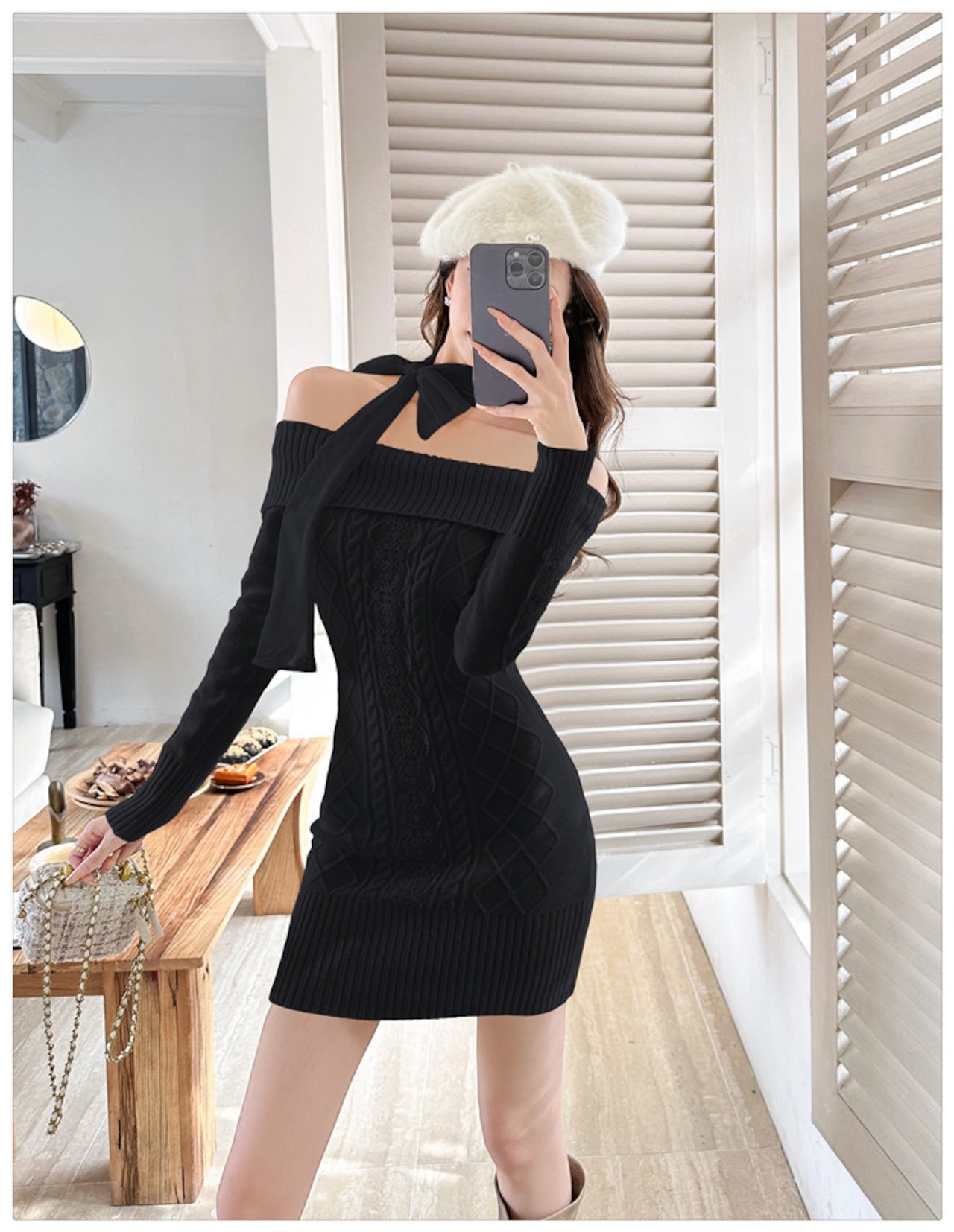 【Dress】リボンオフショルニットワンピース W14595