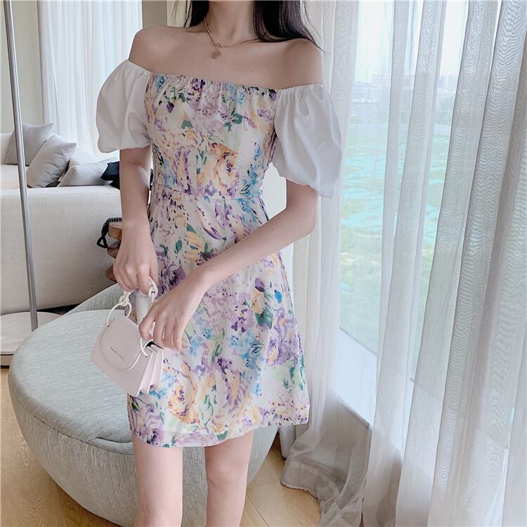 【dress】美人度アップ韓国系森ガール気質ボートネックパフスリーブ花柄スカート