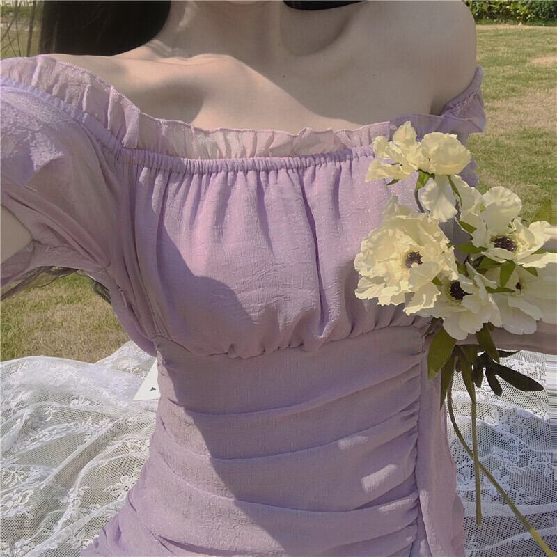 【dress】美人度アップ!韓国系セクシーフリルパフスリーブボートネックAライン