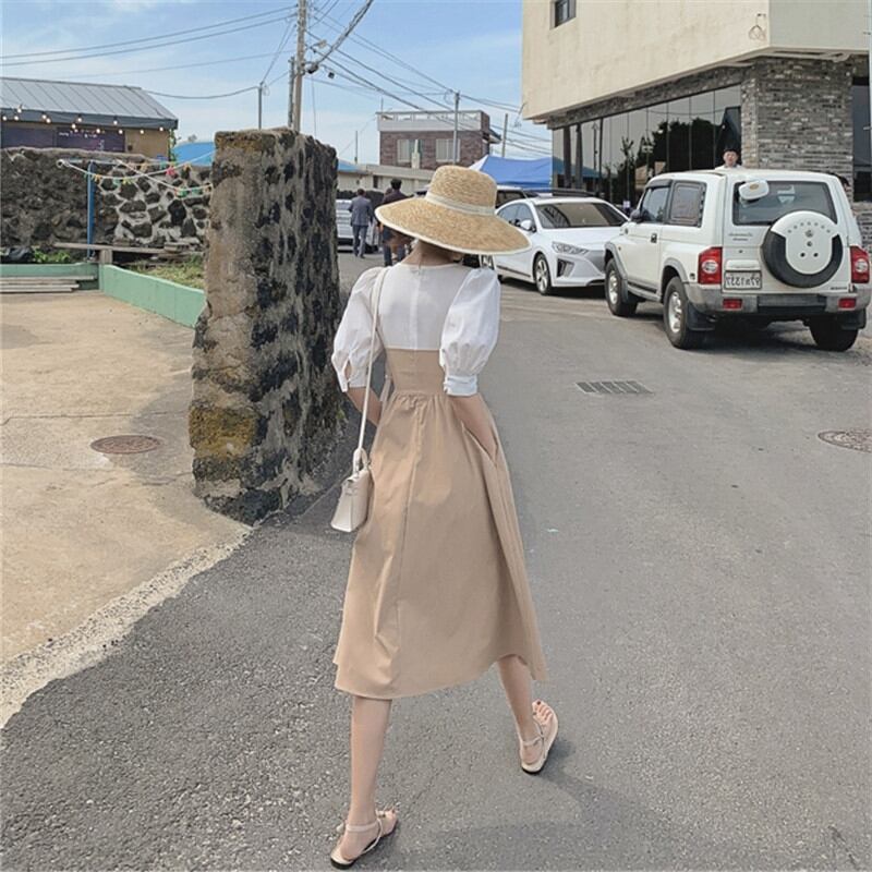 【dress】美人度アップレトロスウィート森ガールVネック気質パフスリーブワンピース