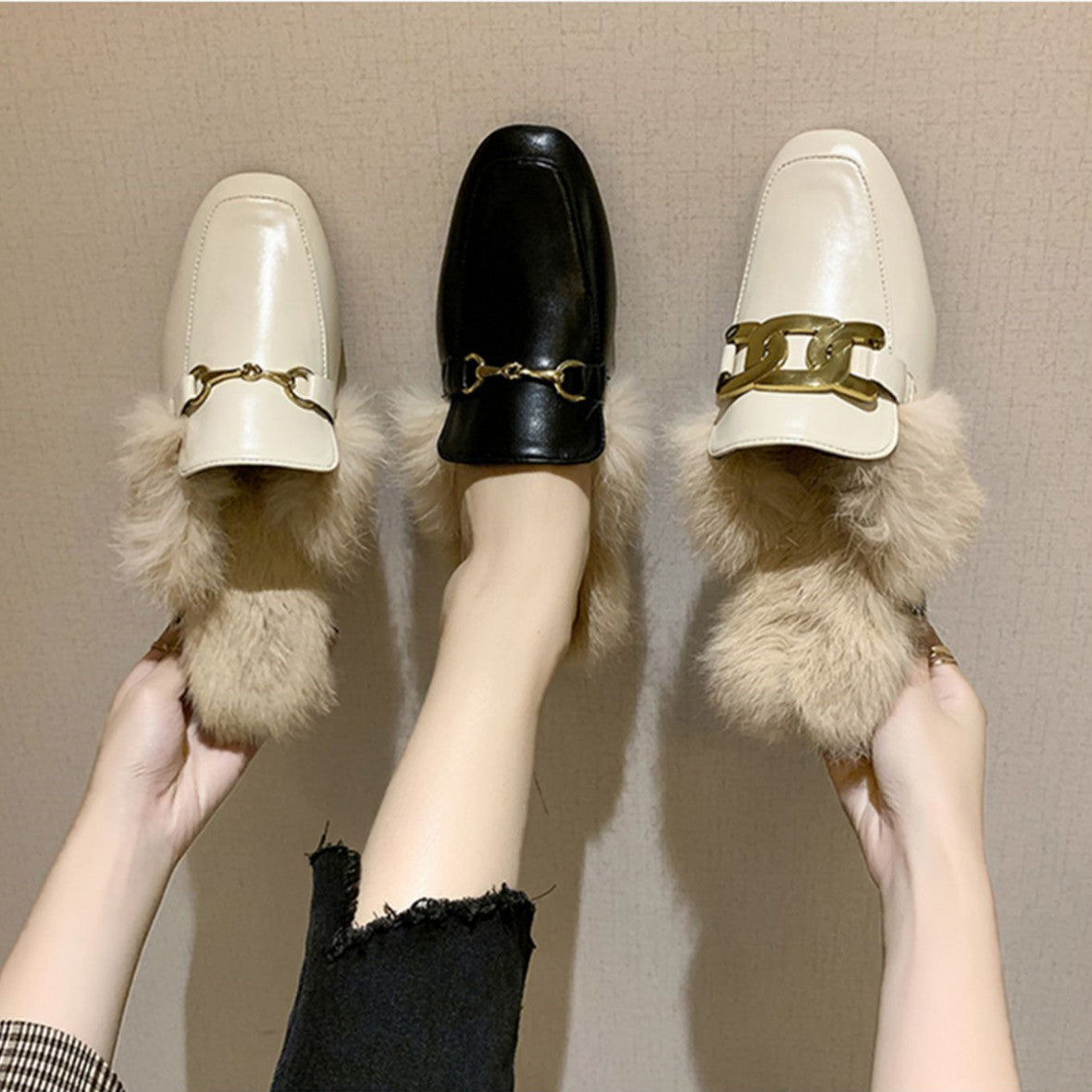 【Shoes】ファーデザインスリッパ W13620