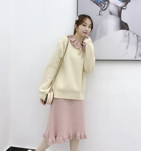 【set】韓国ガーリッシュペプラムスカーセーター2点セット